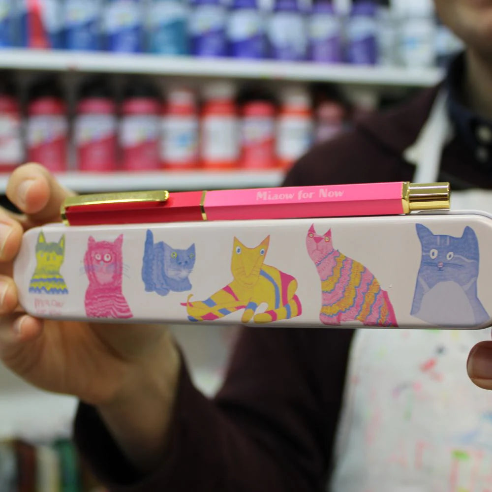 Pencil case with colourful cat designs held in front of a store shelf.