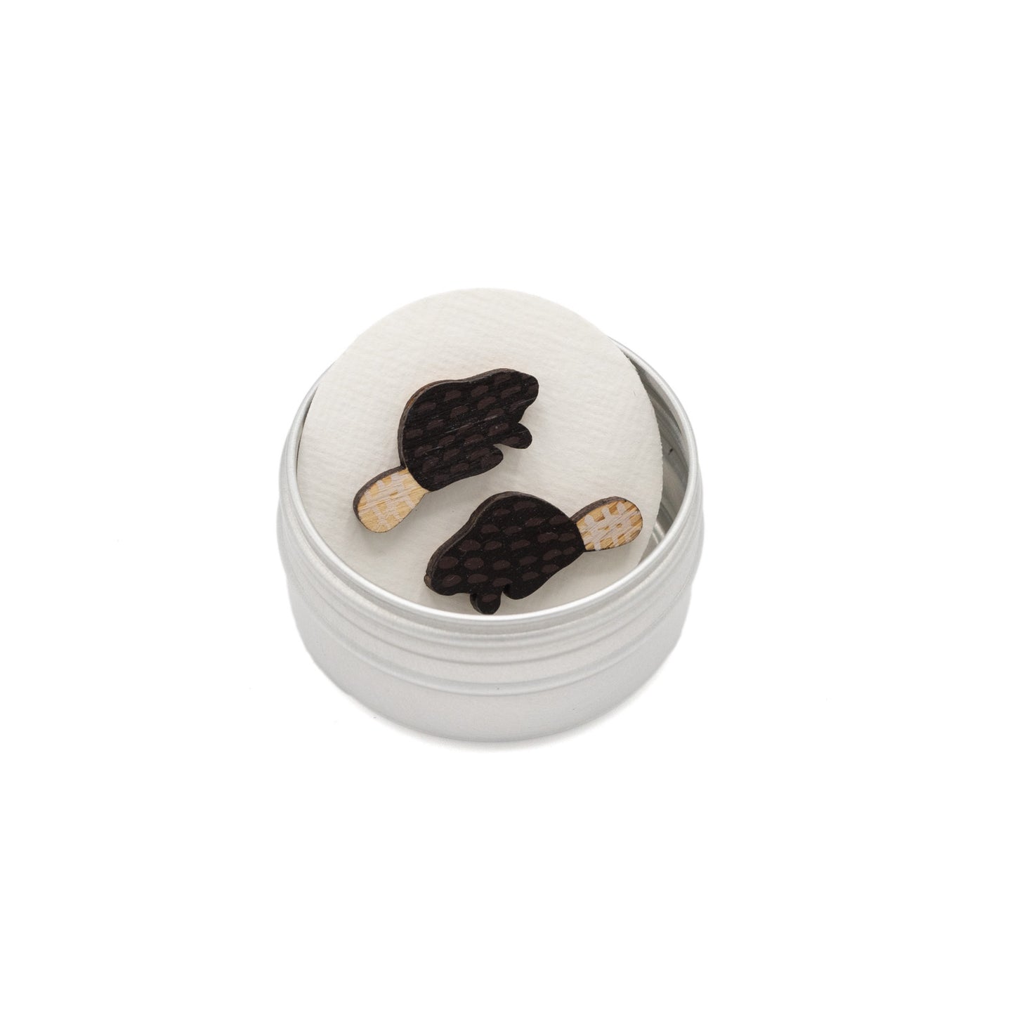 Two beaver stud earrings on white card in a keepsake tin.