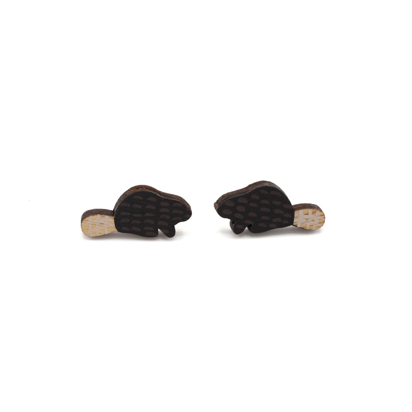 two beaver stud earrings facing one another on white background.