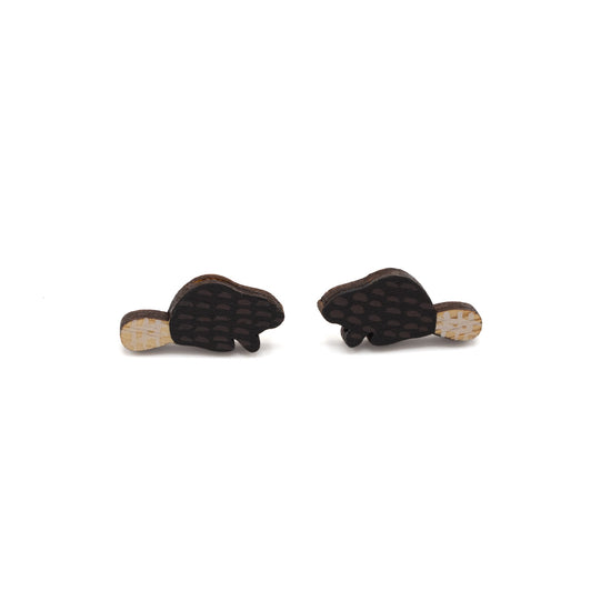 two beaver stud earrings facing one another on white background.