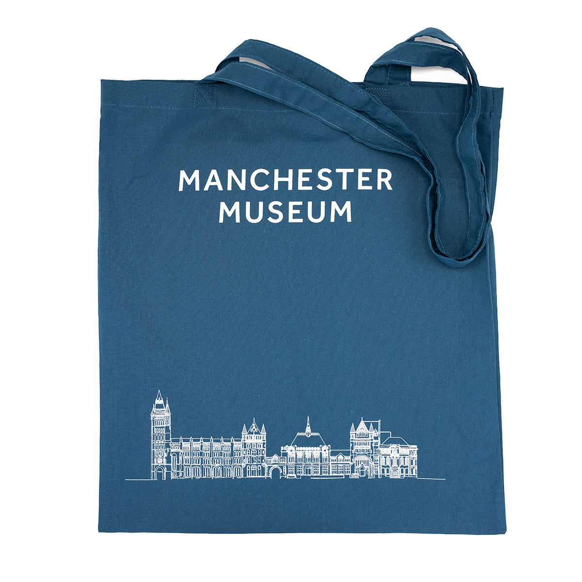 Blue tote bag with Manchester Museum logo at the top and and an illustration of the building at the bottom. 