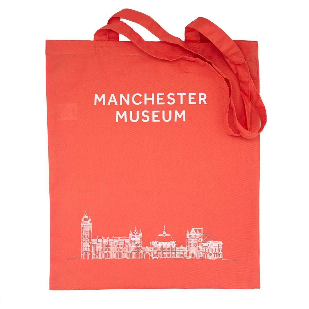 Coral tote bag with Manchester Museum logo at the top and and an illustration of the building at the bottom. 