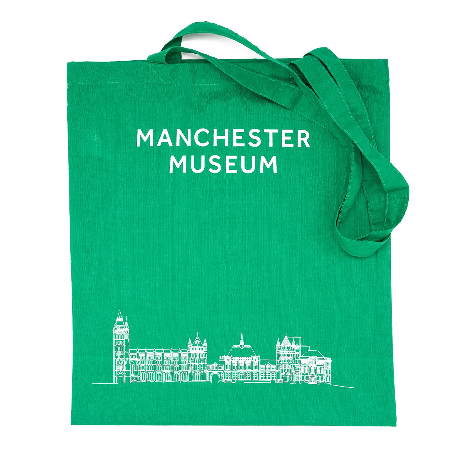 Green tote bag with Manchester Museum logo at the top and and an illustration of the building at the bottom. 