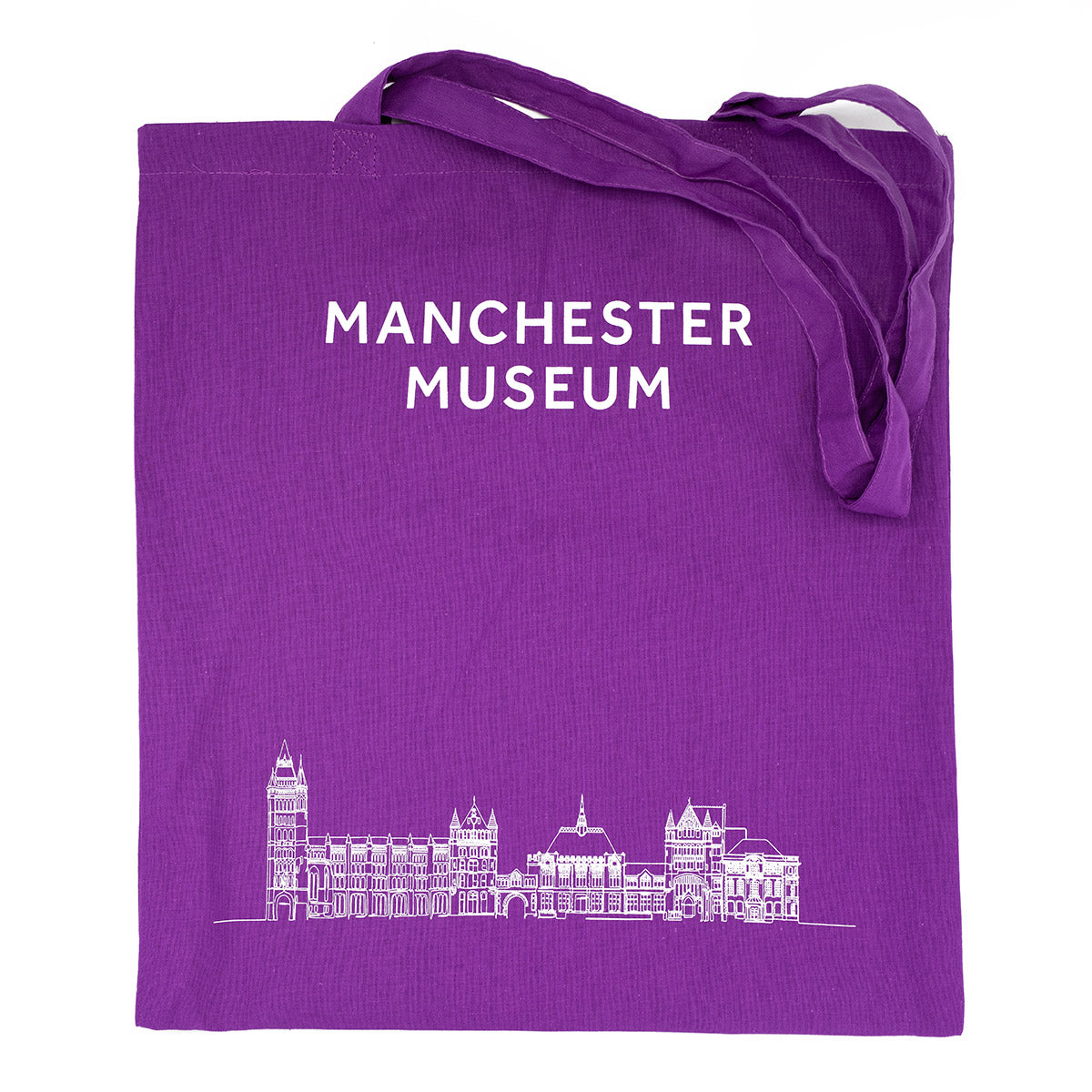 Purple tote bag with Manchester Museum logo at the top and and an illustration of the building at the bottom. 