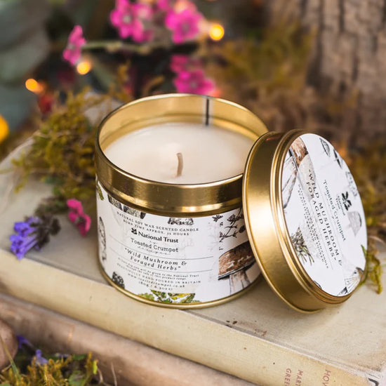 Scented candle in a tin with a gold lid, surrounded by natural elements and flowers.