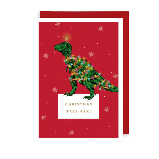 Greetings card featuring a dinosaur wrapped in Christmas lights at the centre