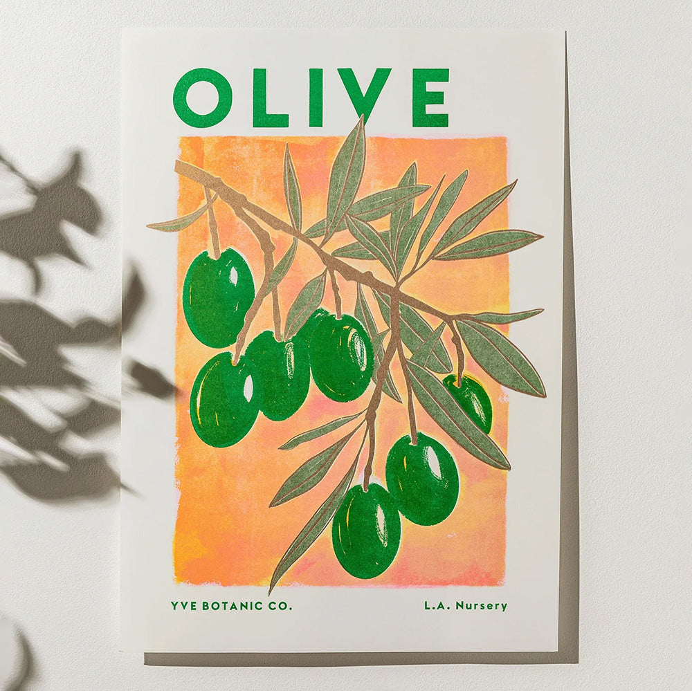 Orange and green risograph print of an olive branch illustration