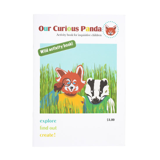 A children's activity book cover. The cover features a red panda and a badger standing in a field of grass. 