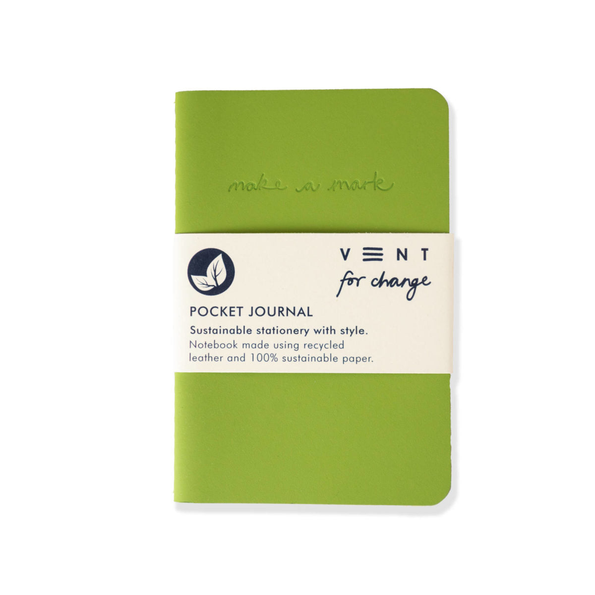 Green pocket journal with 'vent for change' branding on a white background