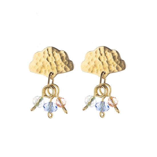 Fan shaped hammered brass earrings with three glass beads dangling from the bottom. The beads are pale pink, blue and clear.