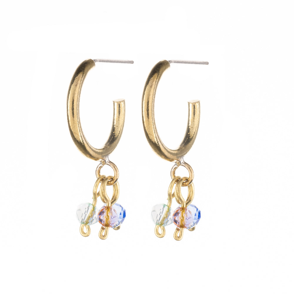 Brass hoops with silver posts and three glass bead charms in pale pink, blue and clear.