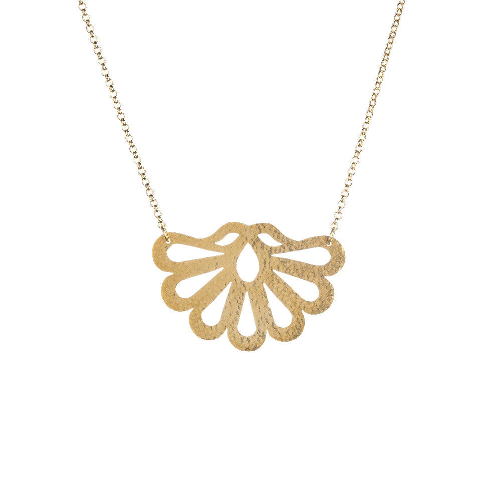 Lobed and cut out necklace pendant shaped like an upside down peacock tail.