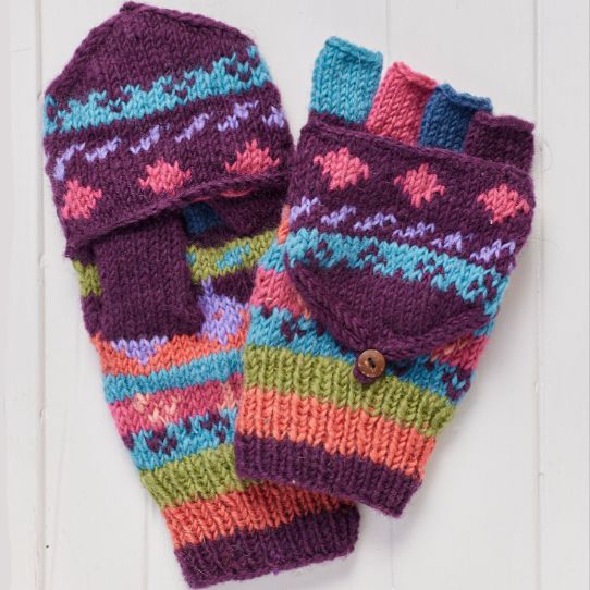 Colorful knitted fingerless gloves with patterned design on a white background