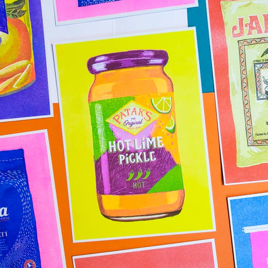 This is a bright and colourful print of a drawing of a jar of Patak's Original Hot Lime Pickle.