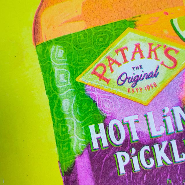 This is a close up of a bright and colourful print of a drawing of a jar of Patak's Original Hot Lime Pickle.