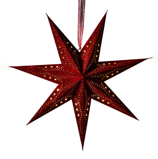 Red velvet hanging star decoration with light glowing from the inside. Photographed against a white background.