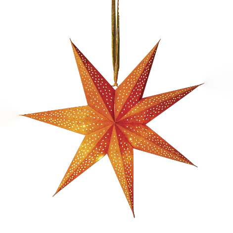 Orange velvet hanging star decoration with light glowing from the inside. Photographed against a white background.