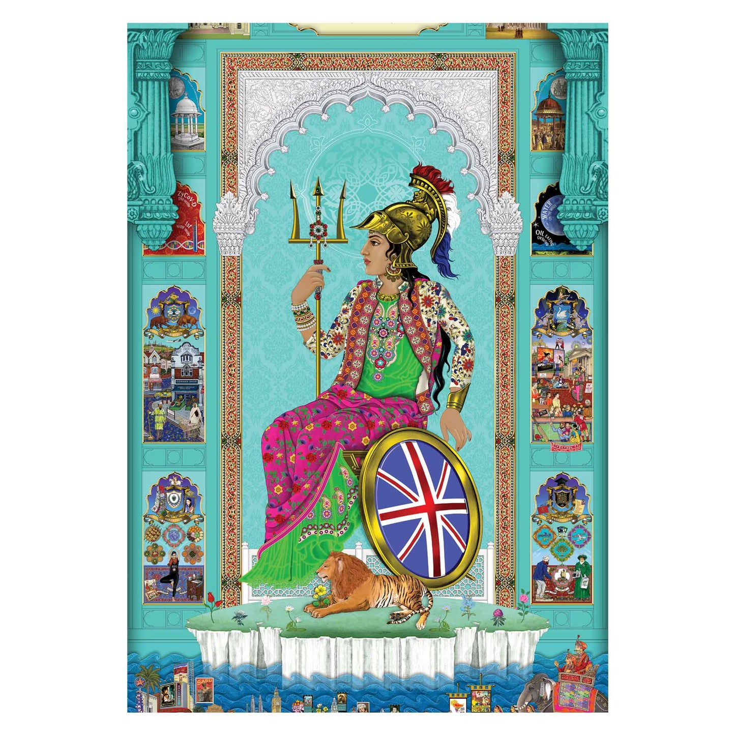 Singh Twins Brittasia design. Blue background and person sat in a wheelchair with the British flag for the wheel. 