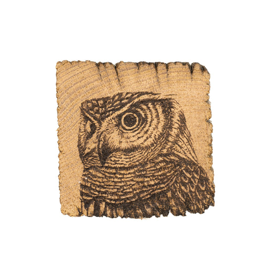 Square coaster made out of wood with engraving of an owl