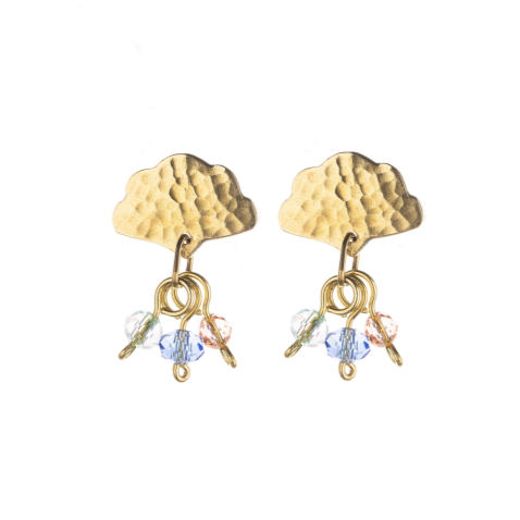 Fan shaped hammered brass earrings with three glass beads dangling from the bottom. The beads are pale pink, blue and clear.