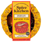 A Spice Kitchen Indian Spice Tin in its signature yellow and gold patterned silk sari wrap, with a tall yellow cardboard label in the center.