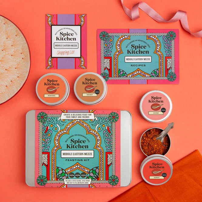 Middle Eastern Mezze Feasting Kit by The Spice Kitchen, featuring a selection of authentic spice blends including shawarma and za'atar for creating Middle Eastern dishes at home.