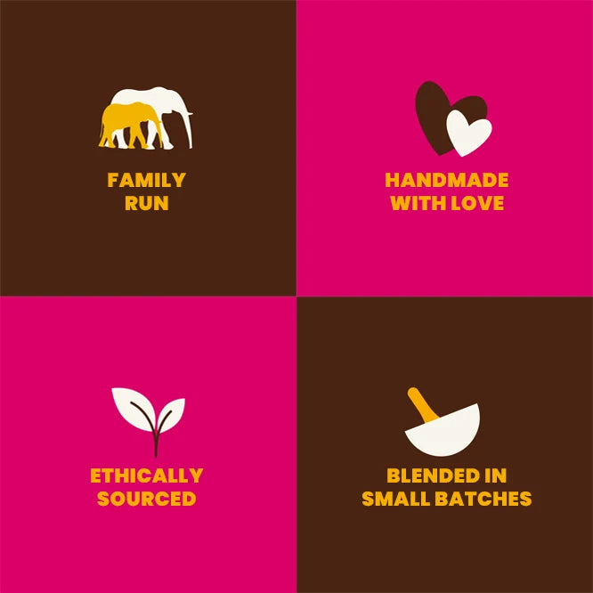 Four illustrated brand values icons showing Family Run, Handmade with Love, Ethically Sourced and Blended in Small Batches on pink and brown backgrounds.