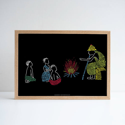 Framed print with a person sititing by a fire and telling stories to children.