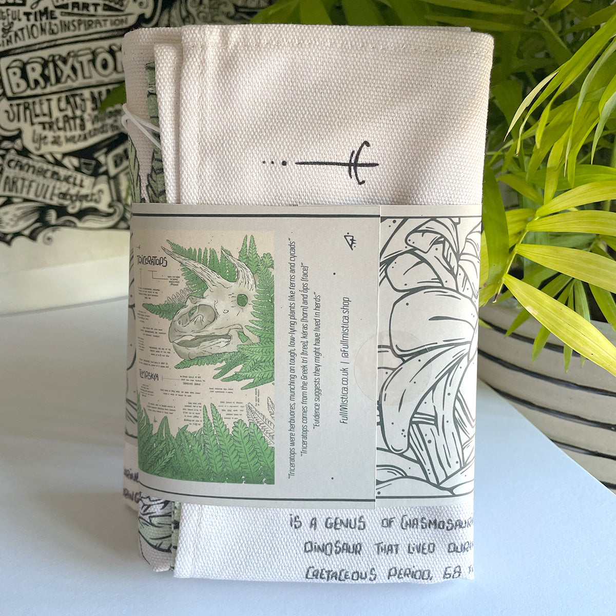 Product packaging with tea towel and branded label on a light surface with plants in the background