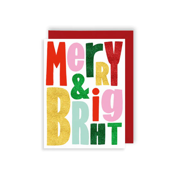 Christmas card with Merry & Bright large typographical letters in different colours