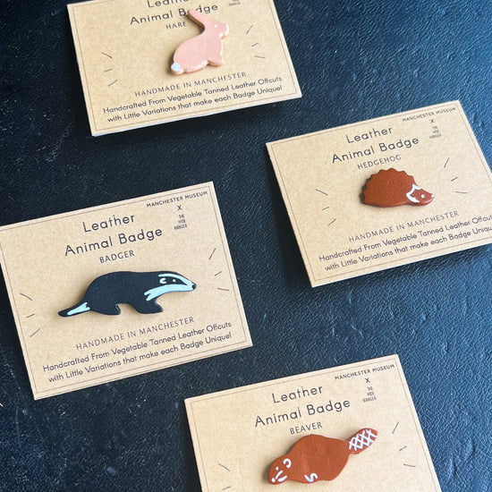 Four handmade and hand painted badge in the shape of a badger, a hare, a hedgehog and a beaver. Each are placed against a brown backing card with The Hide Ranger's logo and product information.