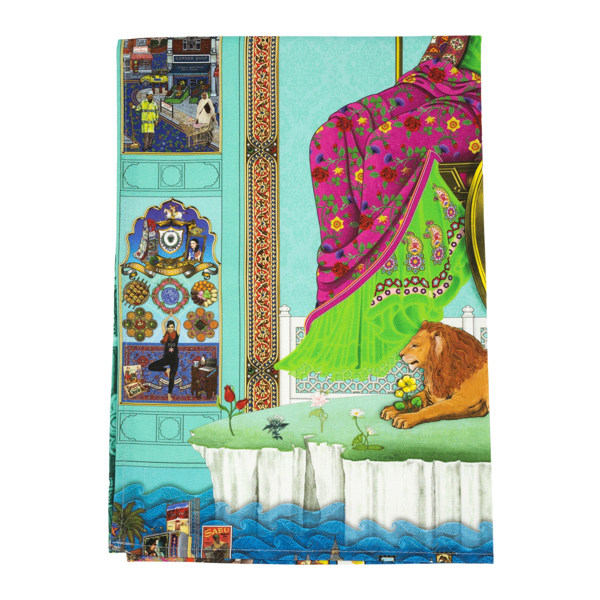 Singh Twins Brittasia design tea towel, folded into 1 quarter.. Blue background and person sat in a wheelchair with the British flag for the wheel. 