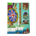 Singh Twins Brittasia design tea towel, folded into 1 quarter.. Blue background and person sat in a wheelchair with the British flag for the wheel. 