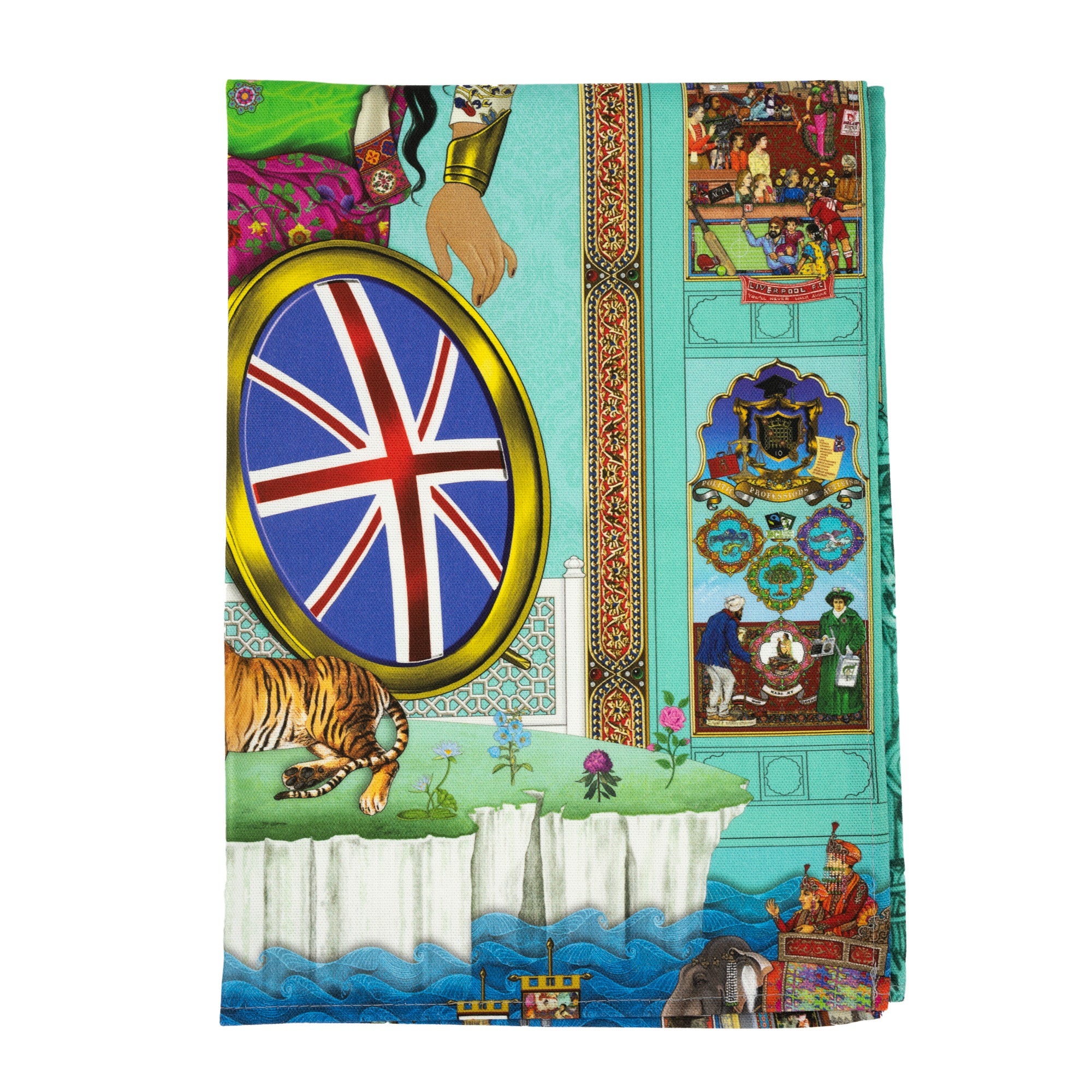 Singh Twins Brittasia design tea towel, folded into 1 quarter.. Blue background and person sat in a wheelchair with the British flag for the wheel. 
