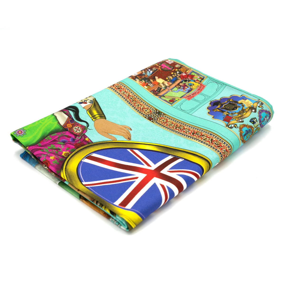 Singh Twins Brittasia design tea towel, folded into 1 quarter.. Blue background and person sat in a wheelchair with the British flag for the wheel. 