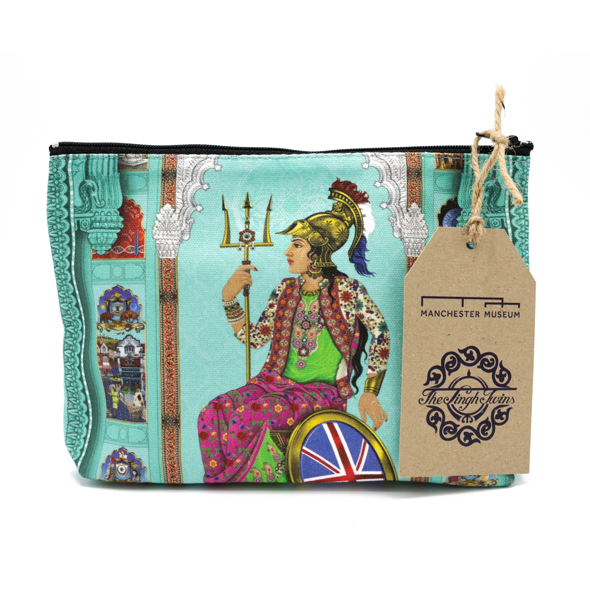 Cosmetics bag featuring Singh Twins Brittasia design tea towel, folded into 1 quarter.. Blue background and person sat in a wheelchair with the British flag for the wheel. 