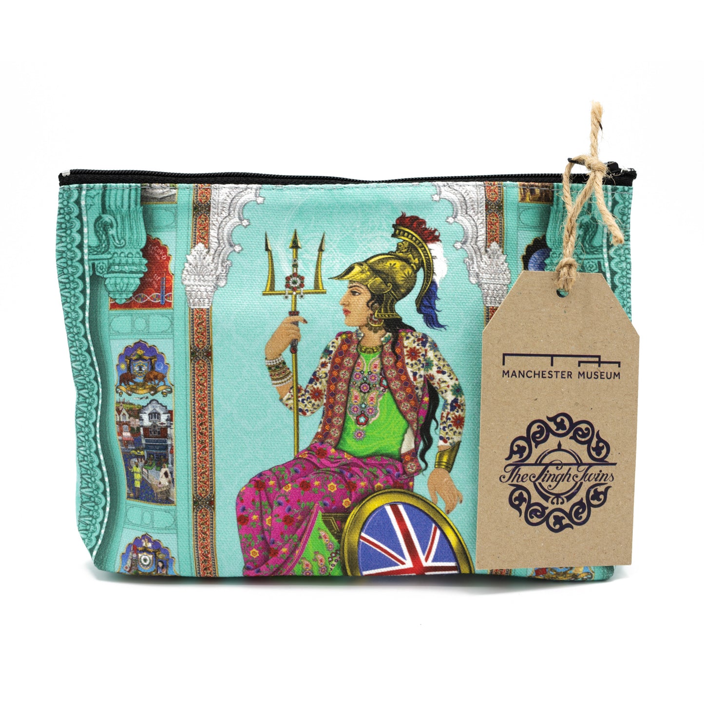 Load image into Gallery viewer, Cosmetics bag featuring Singh Twins Brittasia design tea towel, folded into 1 quarter.. Blue background and person sat in a wheelchair with the British flag for the wheel. 
