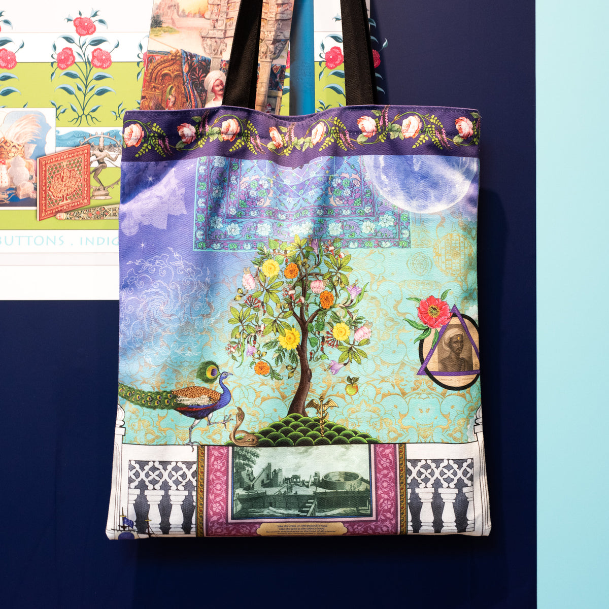 Tea Towel featuring Singh Twins Knowledge Design. A tree at the centre followed by illustration and photo montage.