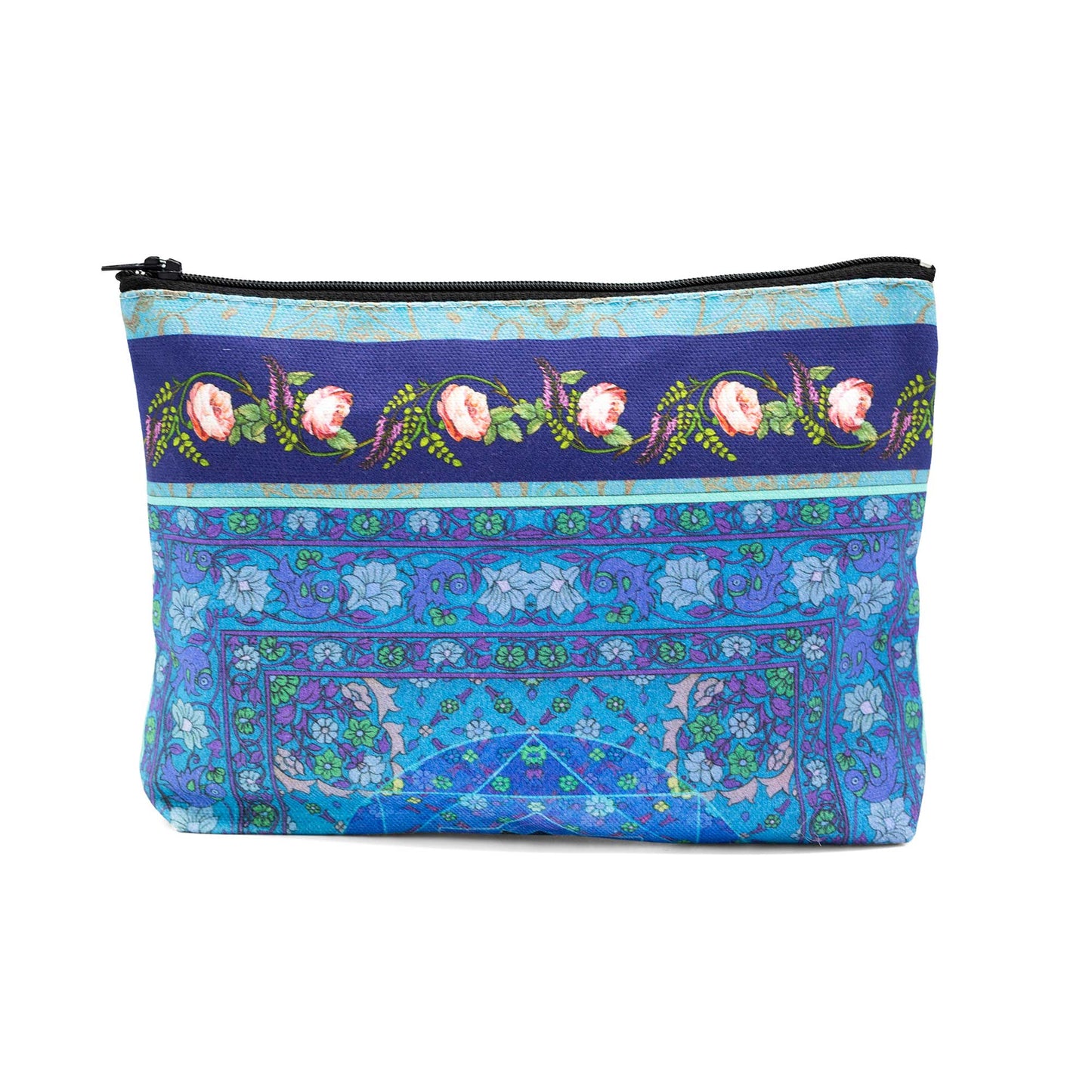 Cosmetics bag featuring The Singh Twins Knowledge Design. Blue and green pattern with a floral border.