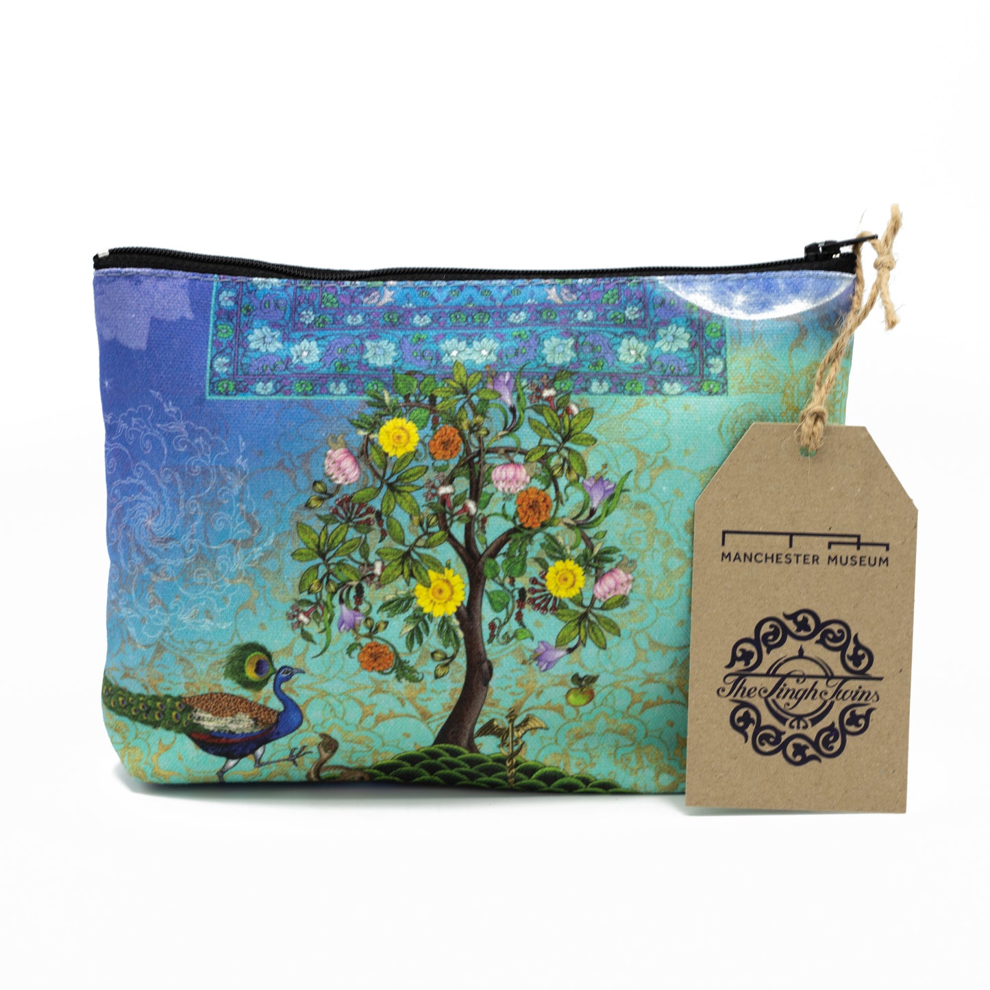 Cosmetics bag featuring The Singh Twins Knowledge Design. A tree and peacock and blue and green background. Brown Manchester Museum label