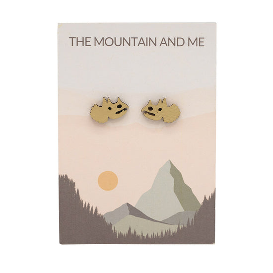 Wooden stud earrings in the shape of a Triceratops head, on branded backing card.