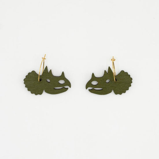 Pair of green triceratops-head-shaped earrings on a white background