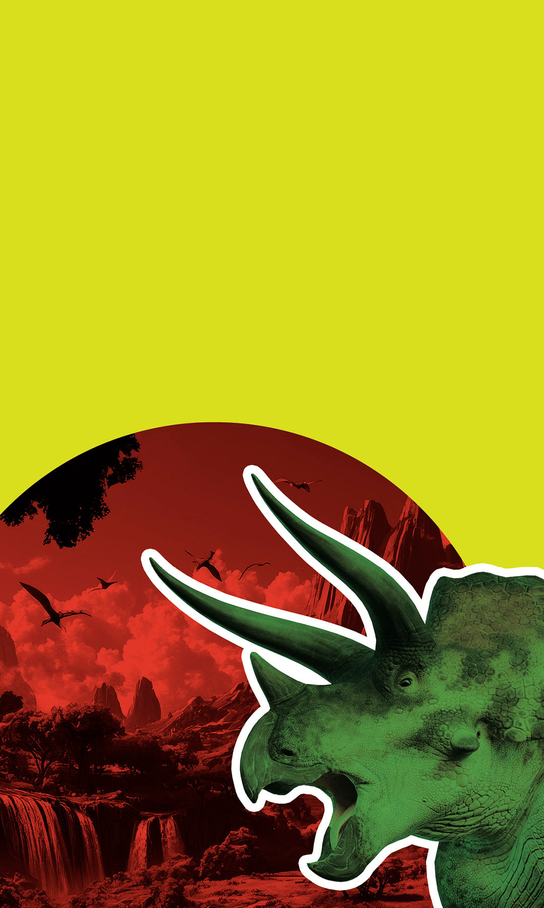 Green triceratops silhouette on a yellow and red background