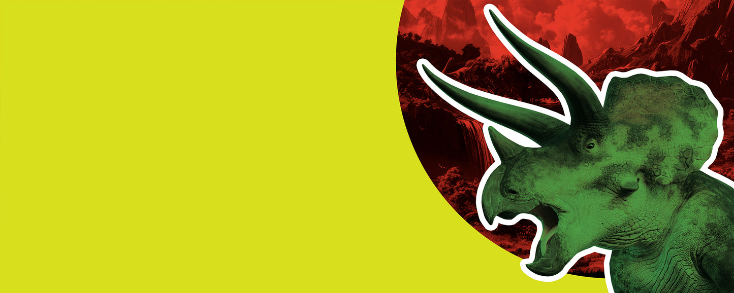 Green triceratops silhouette on a yellow and red background