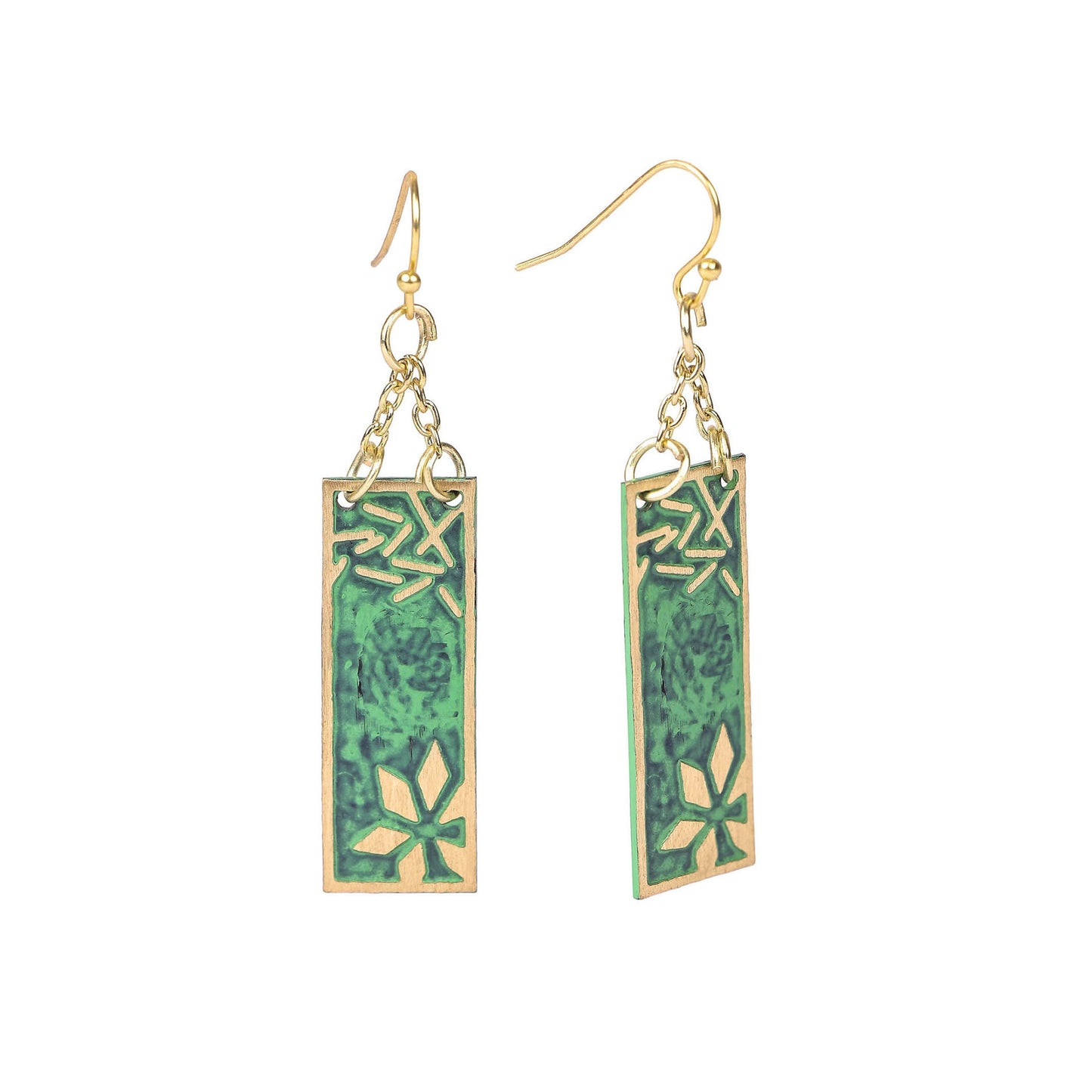 Green enamel earrings with a gold-toned frame and snowflake design.