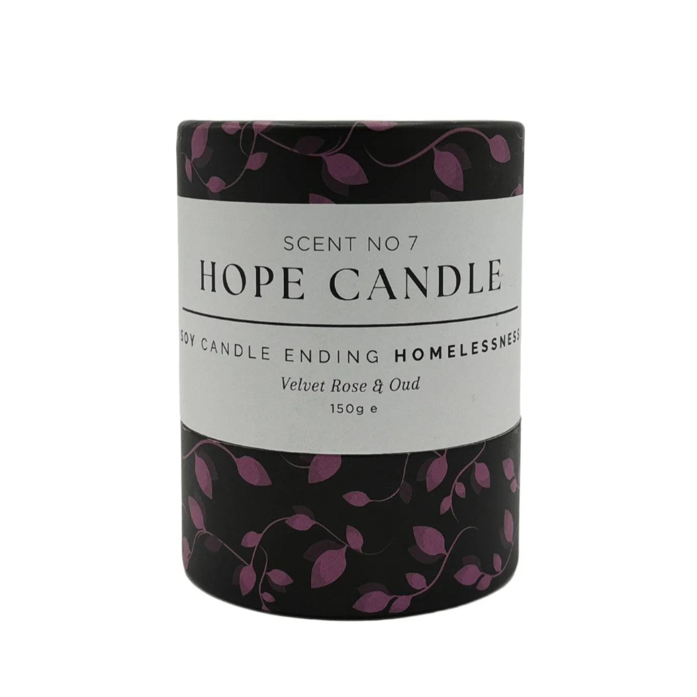 A black and purple cylindrical candle container with text about the product, featuring a design of purple leaves on a black background.