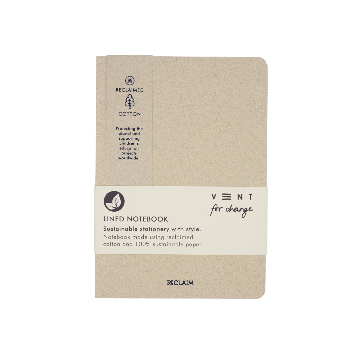 A cream notebook with "VENT FOR CHANGE" logo and information about the notebook being made from reclaimed cotton.
