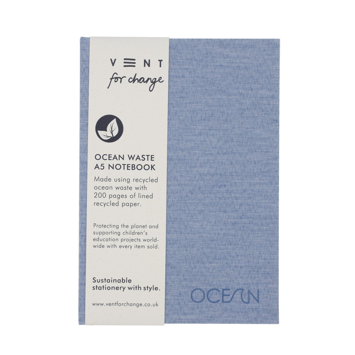 A blue A5 notebook with the text “VENT for change” and “OCEAN WASTE A5 NOTEBOOK” on the cover. The notebook is made from recycled ocean waste and has 200 lined pages of recycled paper. The text on the cover describes the ocean waste project.