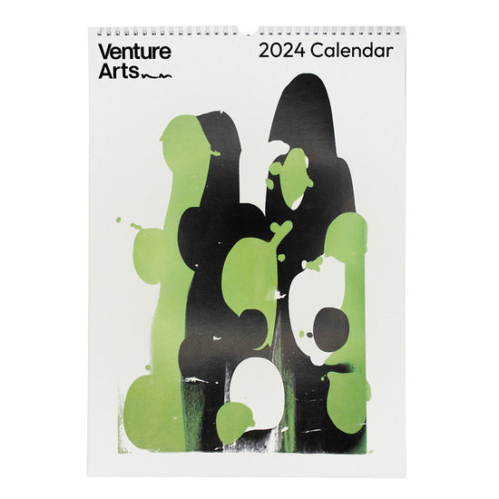 Load image into Gallery viewer, Front page of a calendar with Venture Arts&amp;#39; logo at the top left. The art work featured is by Violet Elmsley - an abstract green and black work.
