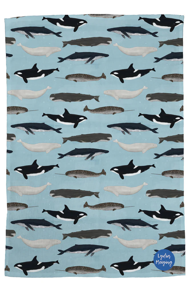 Patterned towel with whale and orca design on a blue background, featuring the brand 'Lydia Meiying'.